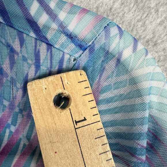 Blue Abstract Mesh Disco Top Size XS Crop Button Front Long Ruffle Flare Sleeve - Picture 8 of 10